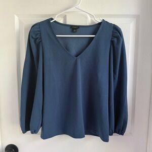 Ann Taylor Factory Womens Blue V-Neck Puff Sleeve Blouse Top XS Long Sleeve
